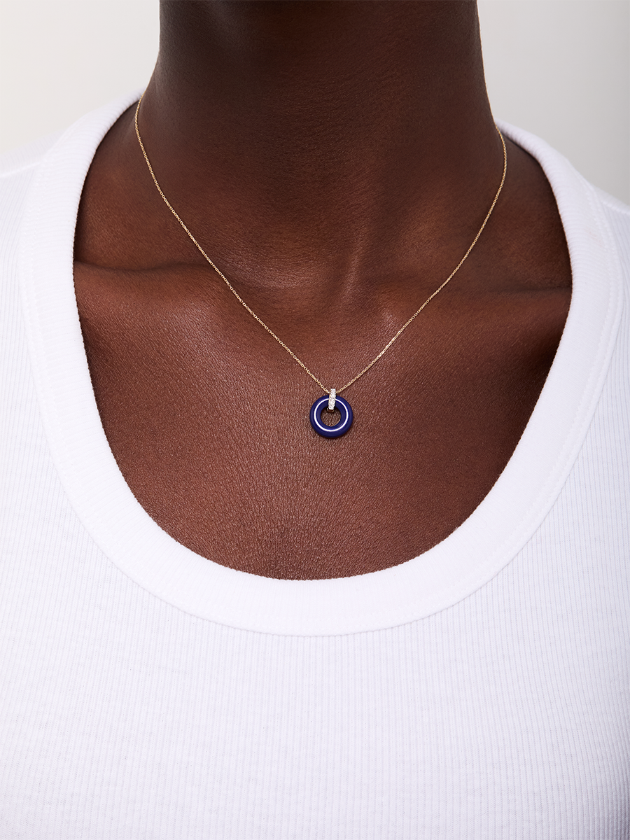 14kt Lapis Donut and Diamond Door Knocker Necklace