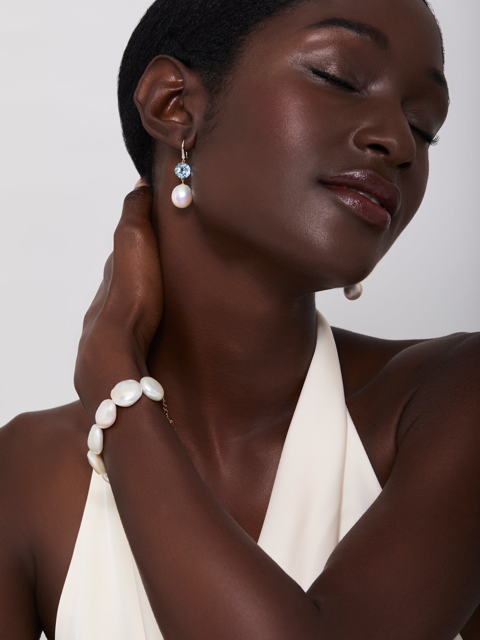 14kt Brilliant Blue Topaz and Baroque Pearl Drop Earrings