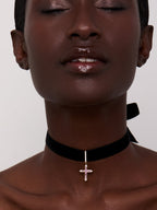 14kt Pink Sapphire and Diamond Cross Black Velvet Choker