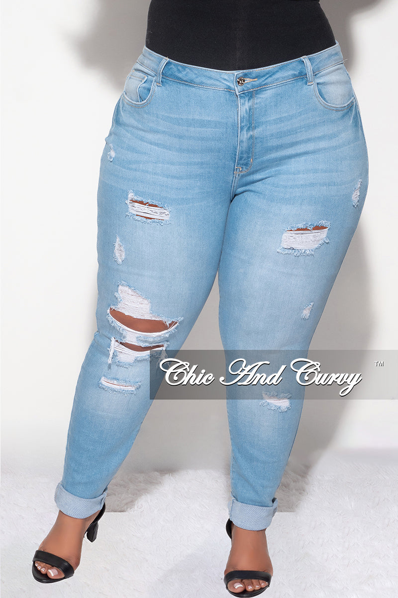 Final Sale Plus Size Distressed Jeans in Light Denim