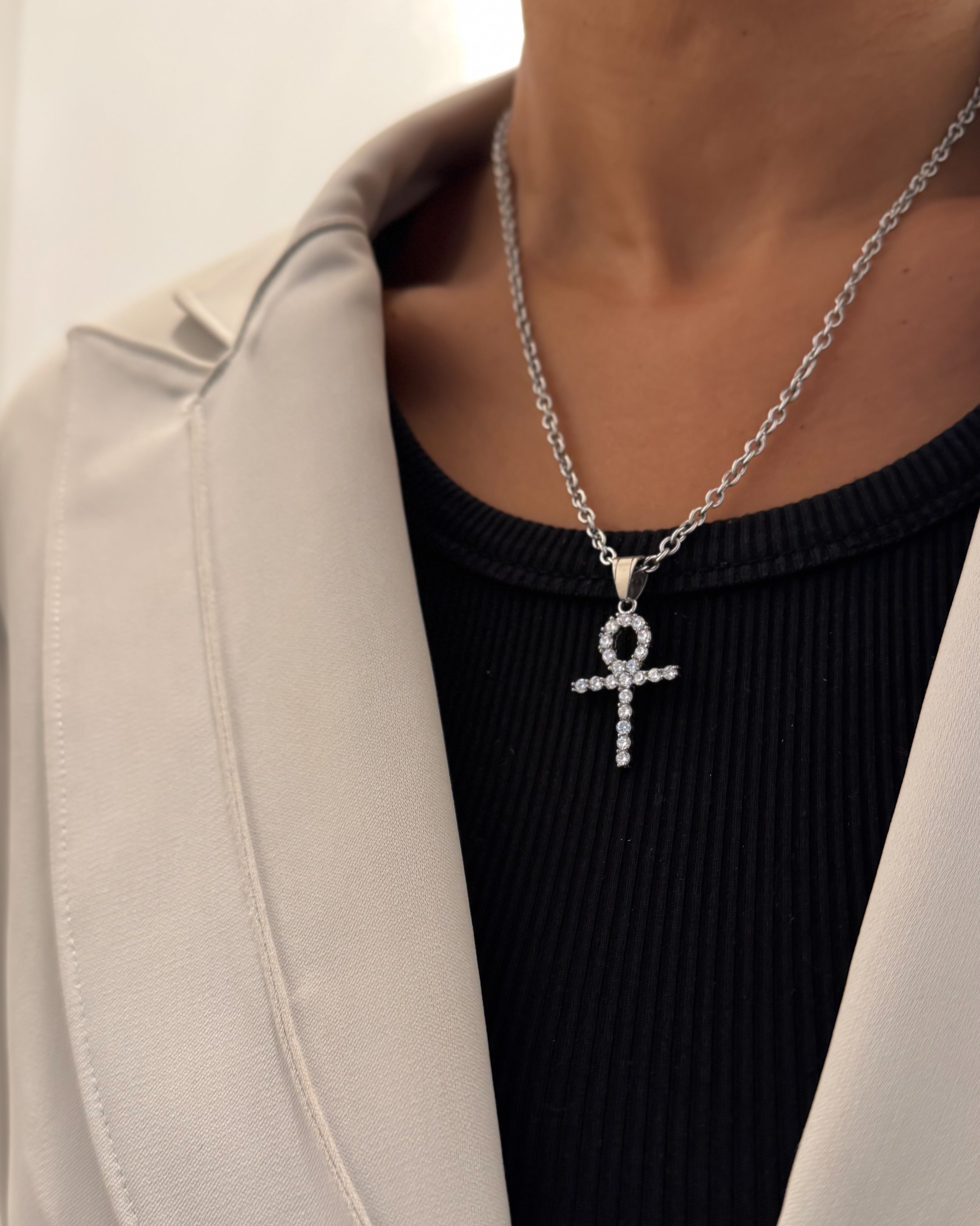 CZ ANKH NECKLACE - SILVER