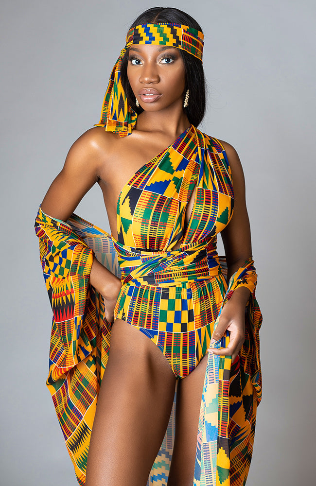 African Print Swimwear SET Infinity Bodysuit with Headtie & Kimono - KUMASI