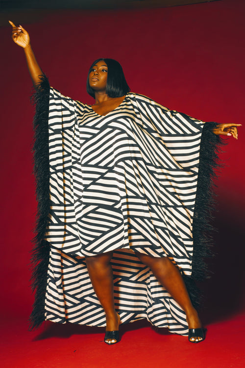 (Sample) JIBRI Graphic Feather Trimmed Kaftan (One of a Kind)