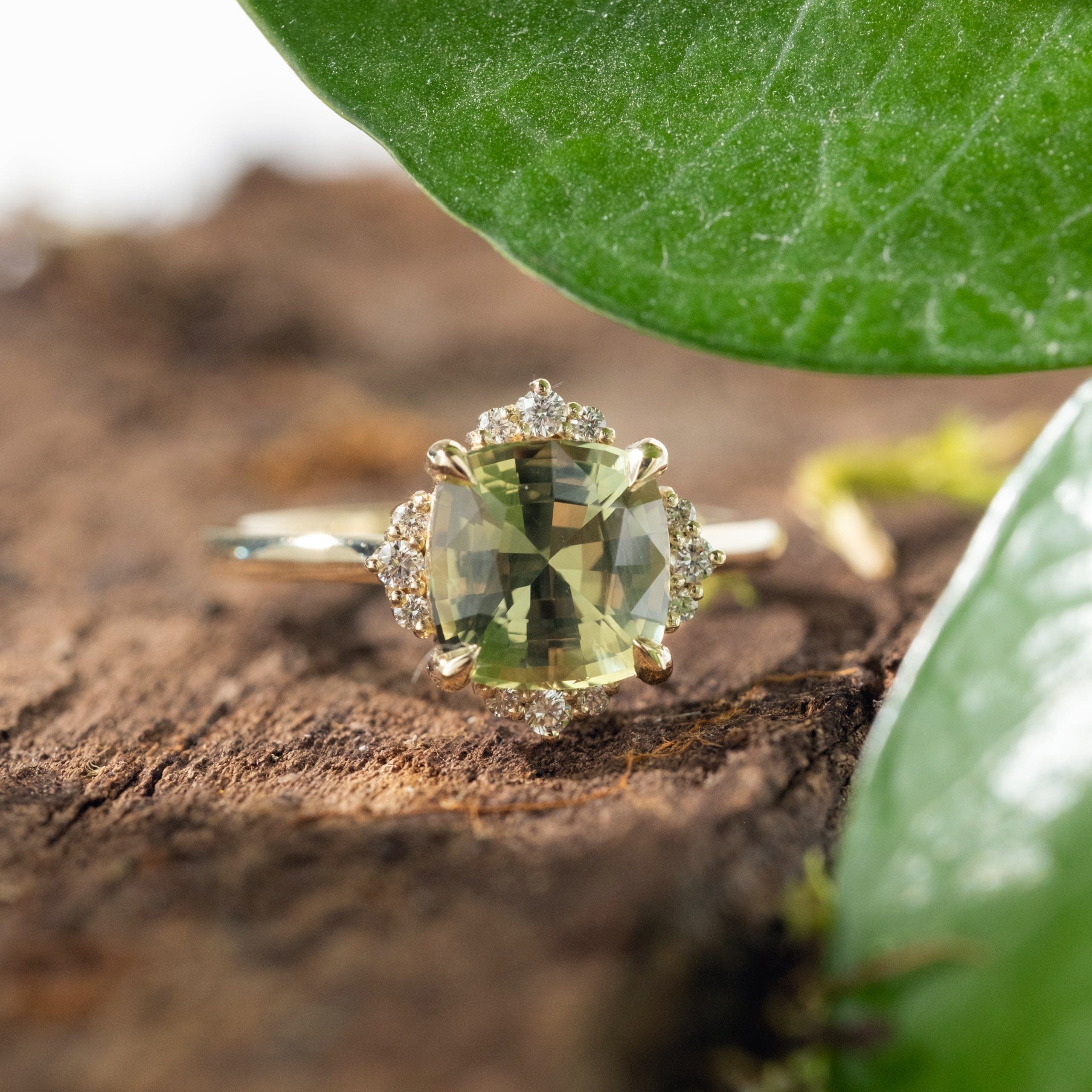 2.81ct Serena Cushion Olive Green Sapphire & Diamond Engagement Ring