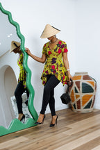 EBUN AFRICAN PRINT ASYMMETRIC PEPLUM TOP [GREEN]