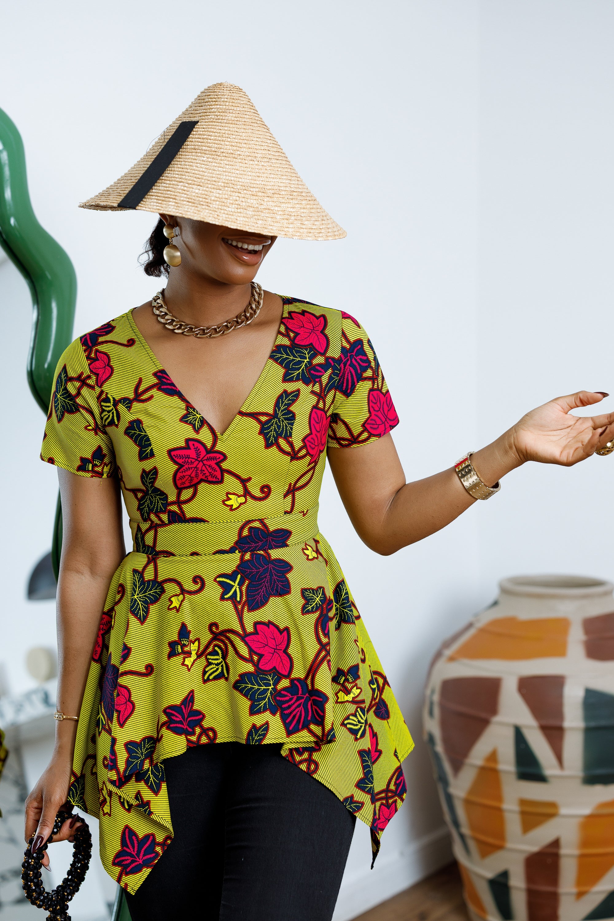 EBUN AFRICAN PRINT ASYMMETRIC PEPLUM TOP [GREEN]