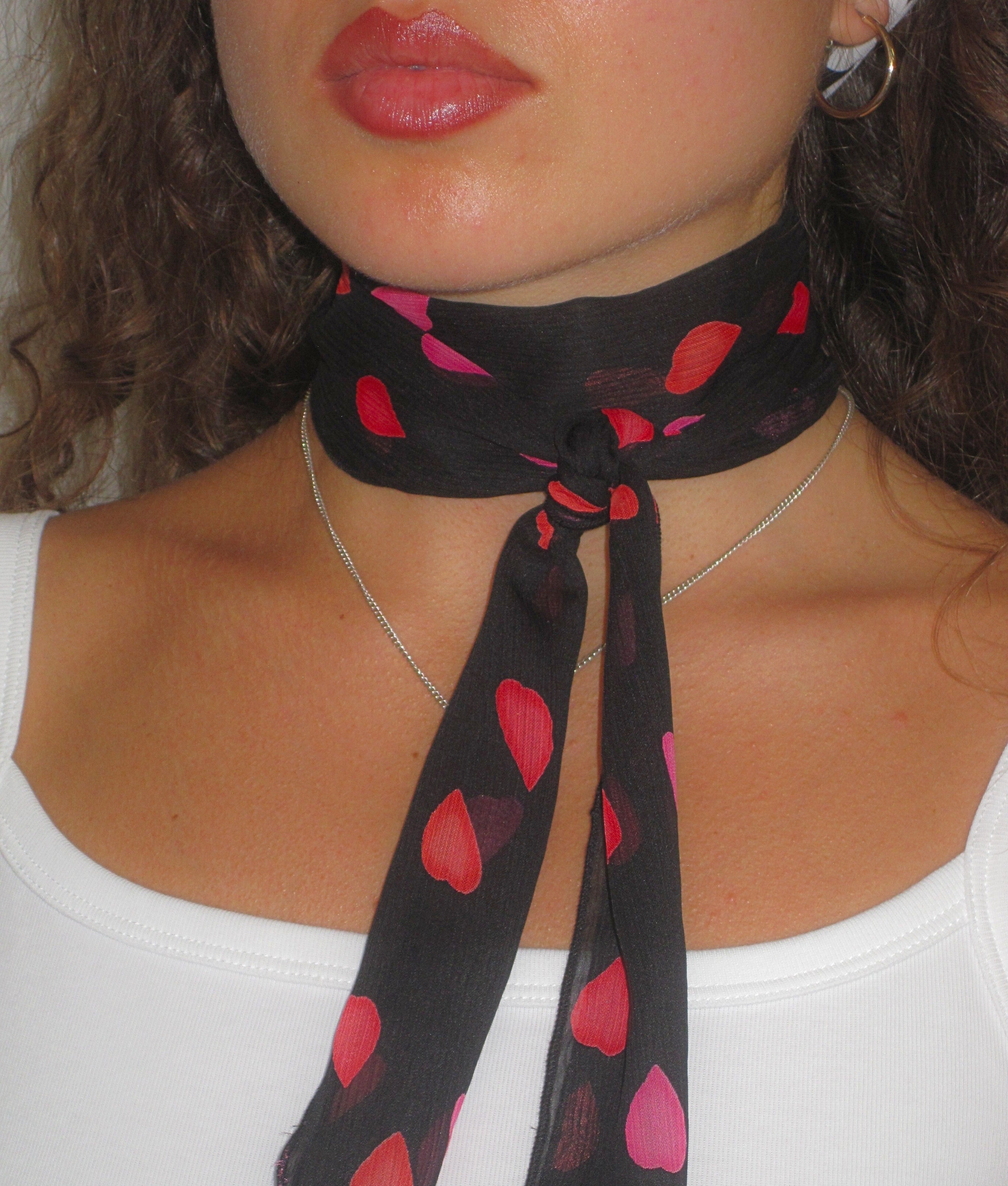 Ziza skinny scarf in black with petal print crinkle chiffon