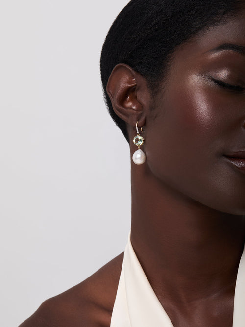 14kt Brilliant Green Amethyst and Baroque Pearl Drop Earrings