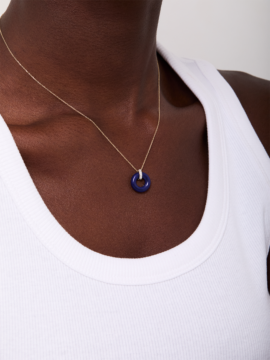 14kt Lapis Donut and Diamond Door Knocker Necklace