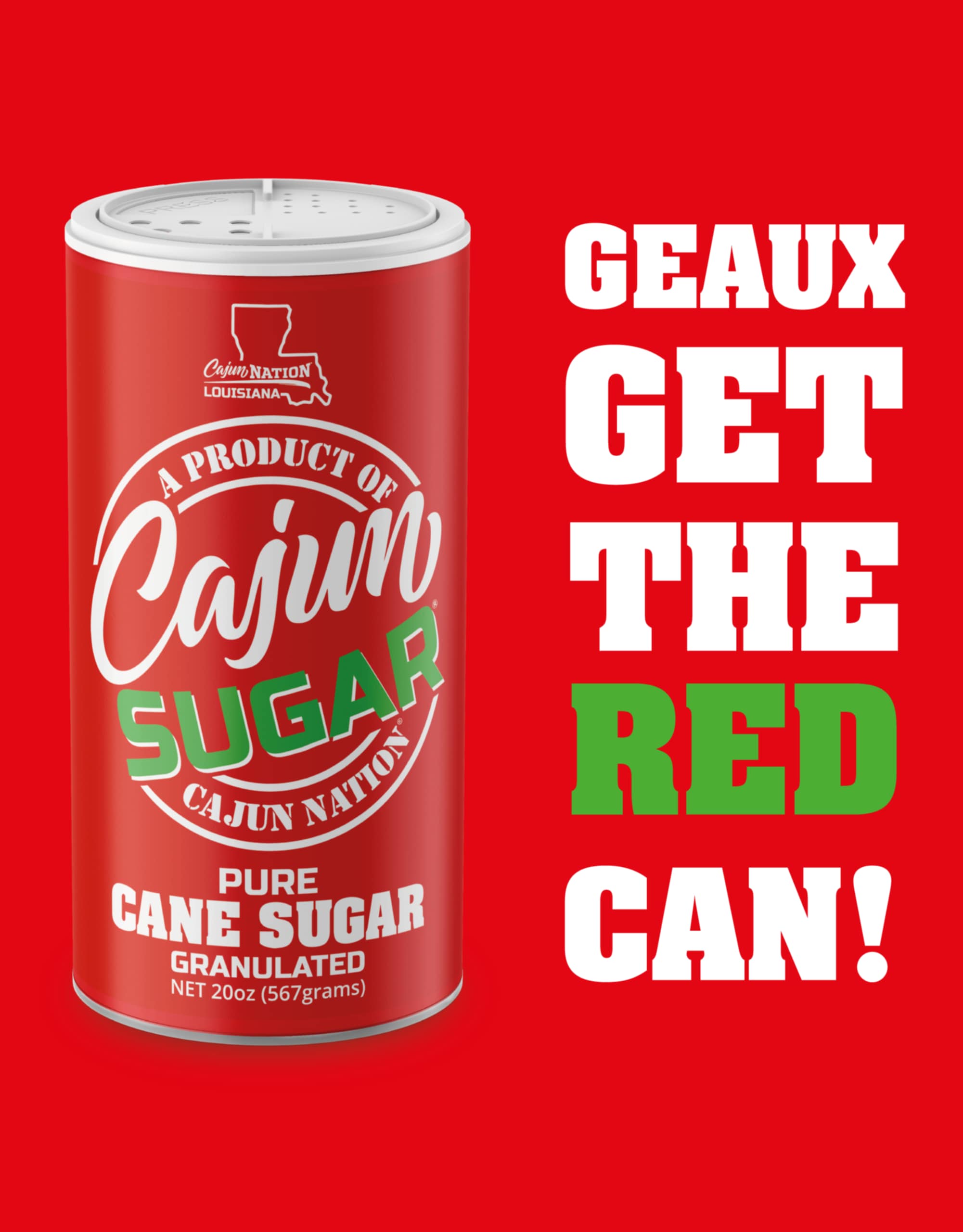 Cajun Nation CAJUN SUGAR 100% Pure Cane Sugar - White Sugar 20oz Canister, Natural Sugar for Coffee, Tea, Baking - Sugarcane Sweetness - The Sweet is Right - Geaux Get The Red Can!
