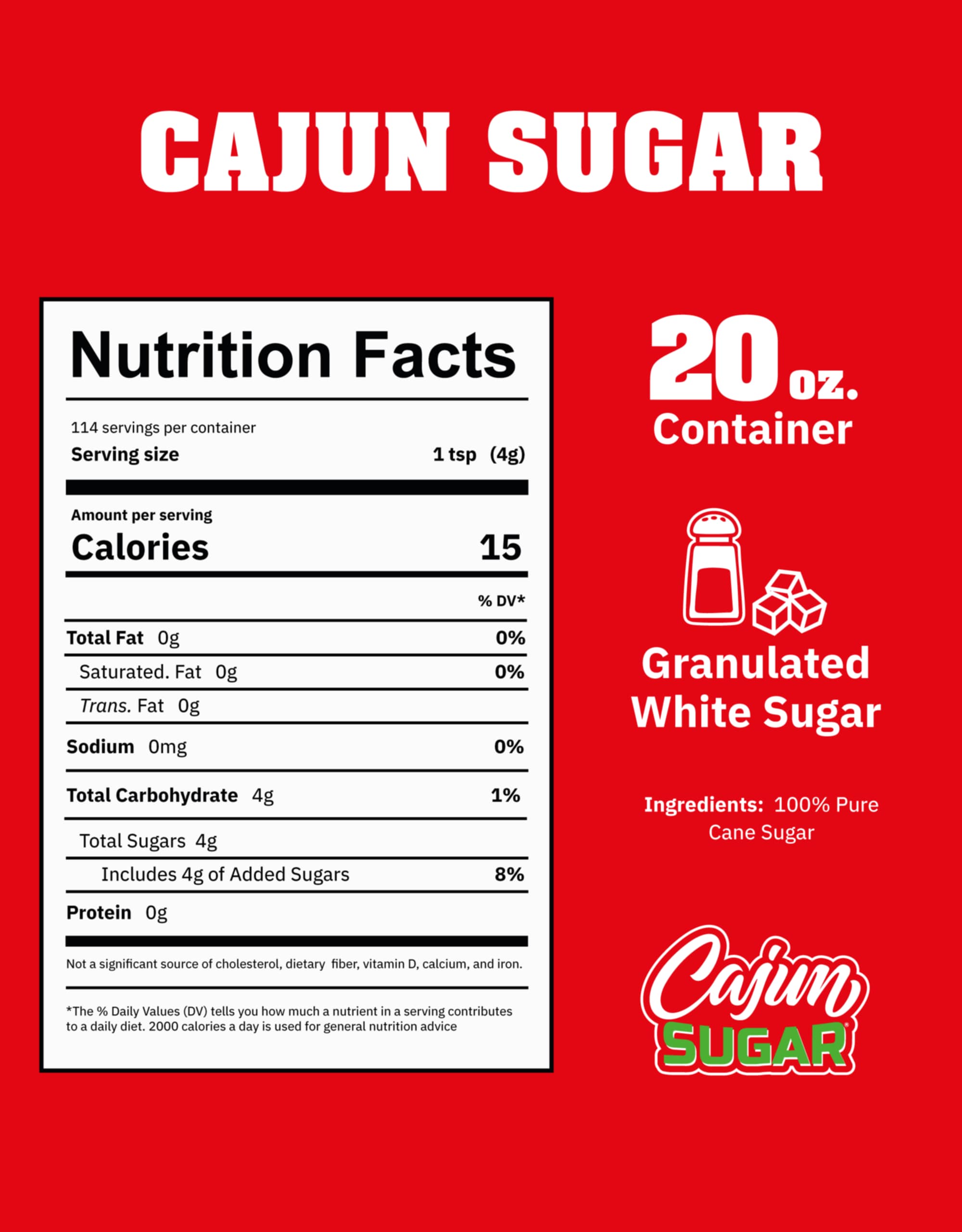 Cajun Nation CAJUN SUGAR 100% Pure Cane Sugar - White Sugar 20oz Canister, Natural Sugar for Coffee, Tea, Baking - Sugarcane Sweetness - The Sweet is Right - Geaux Get The Red Can!