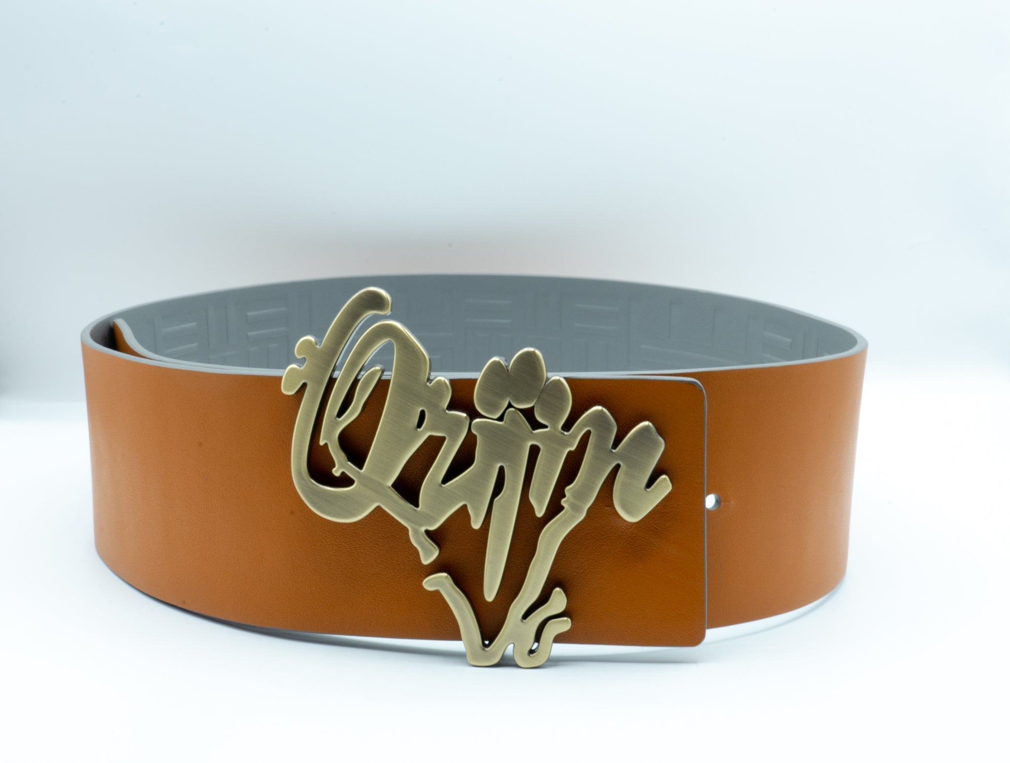 Orijin Logo Reversible Wide Leather Belt (Brown/Grey)