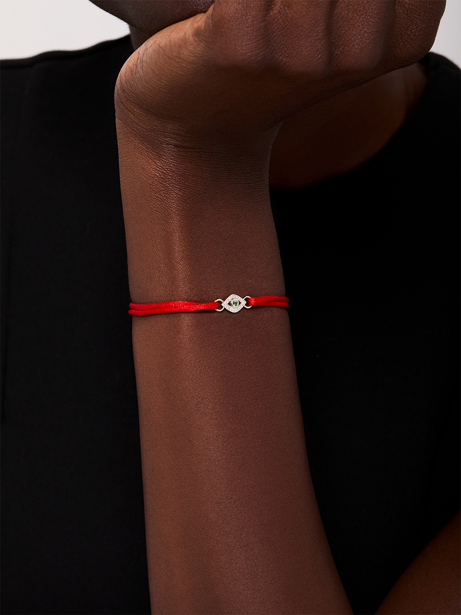 14kt Emerald Evil Eye on Red Nylon Bracelet