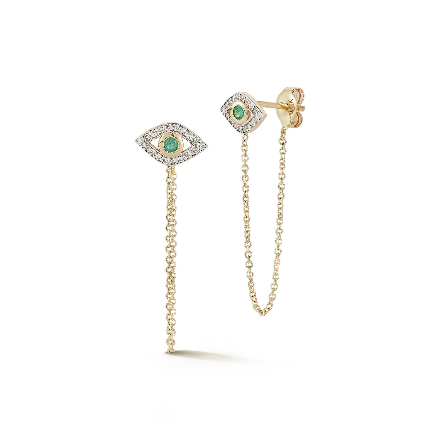 14kt Emerald Evil Eye Studs with Chain Drop