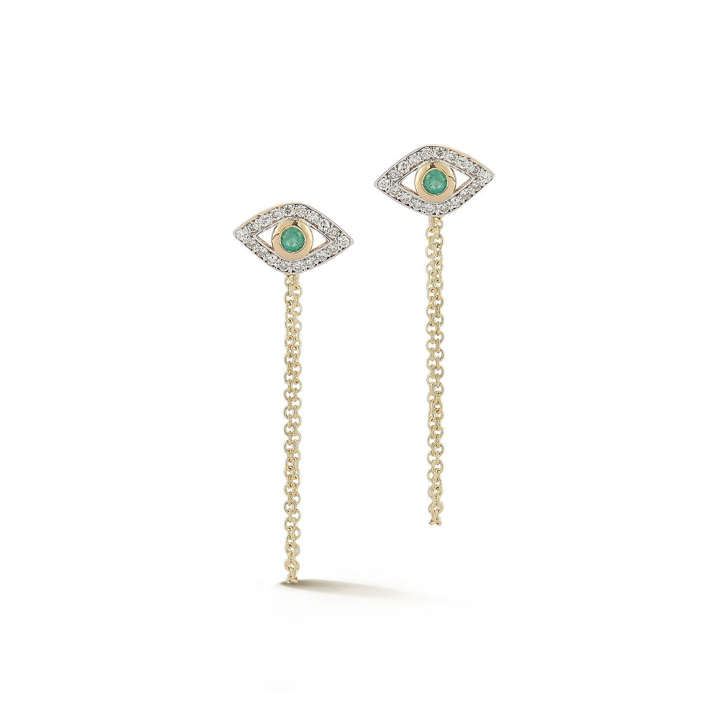 14kt Emerald Evil Eye Studs with Chain Drop