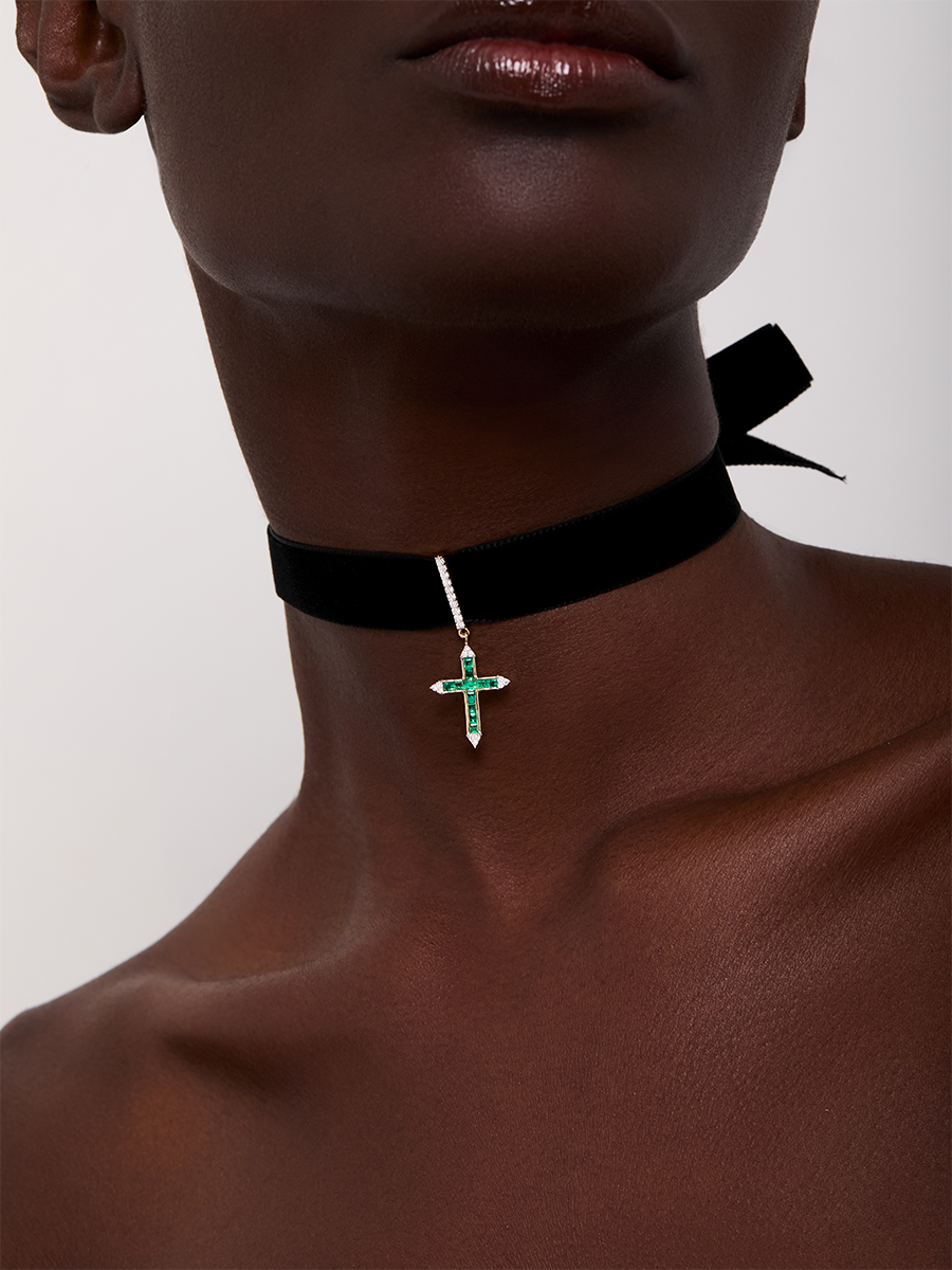 14kt Emerald and Diamond Cross Velvet Choker