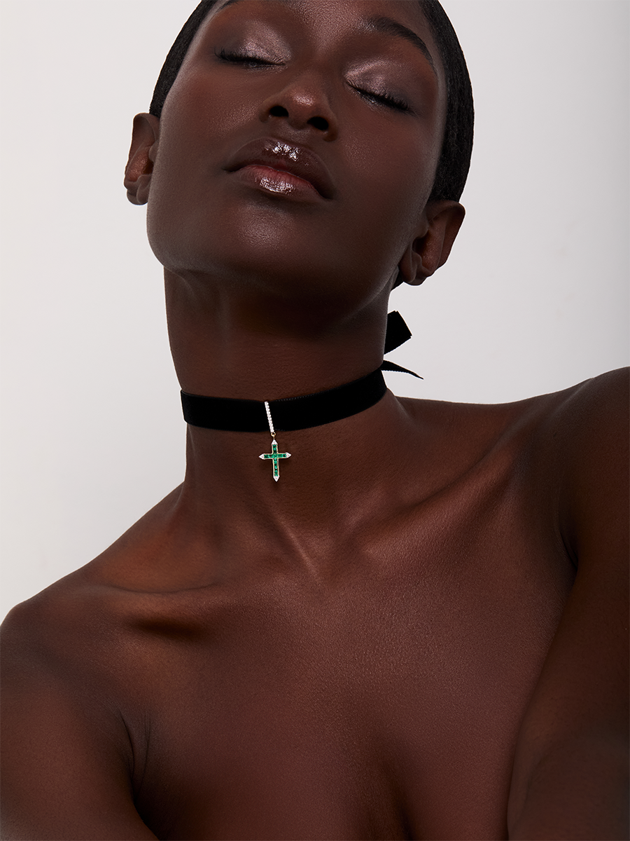 14kt Emerald and Diamond Cross Velvet Choker
