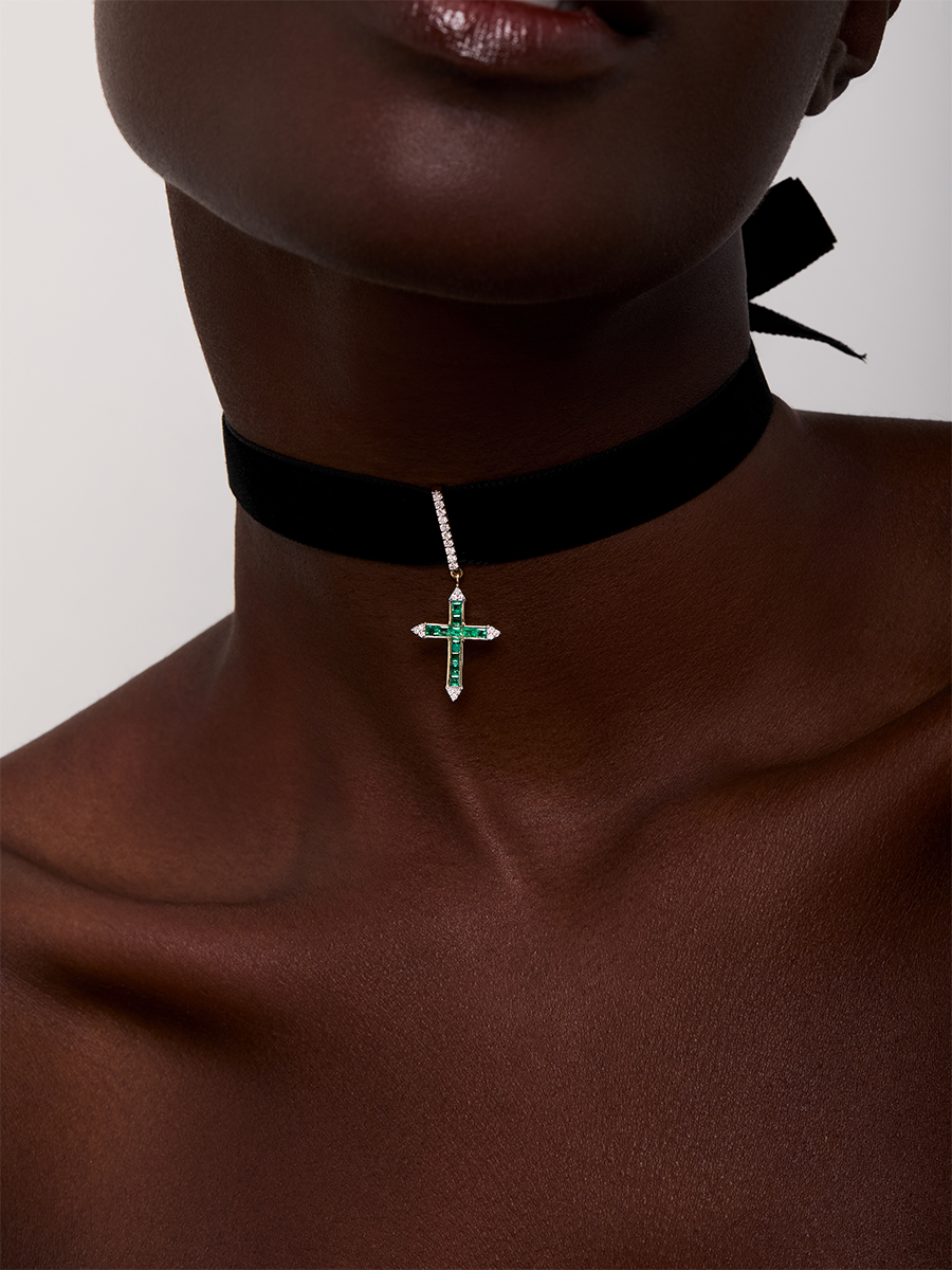 14kt Emerald and Diamond Cross Velvet Choker