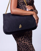 LARGE SUEDE FLAP BAG - BLACK