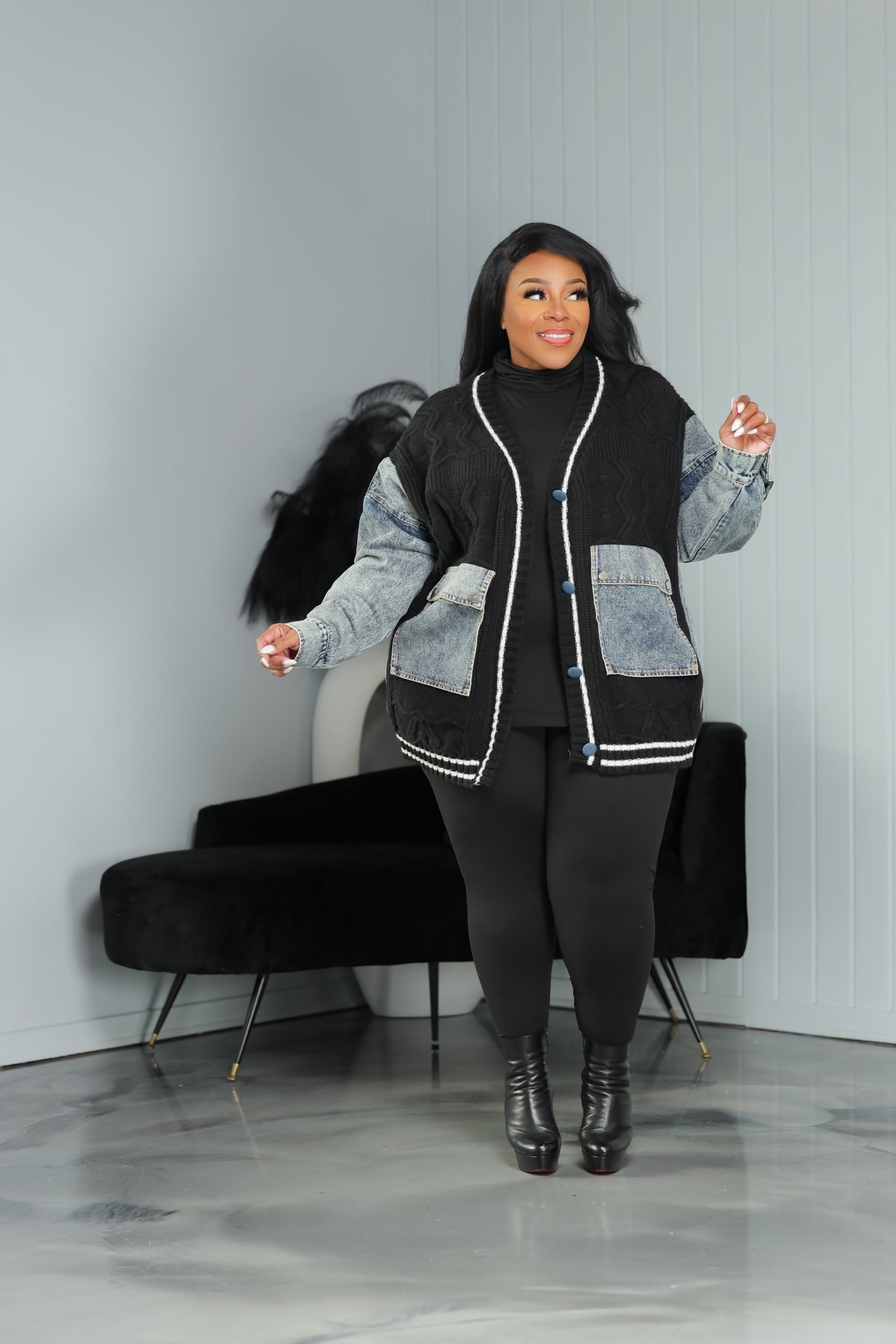 Black Denim Patch Sweater