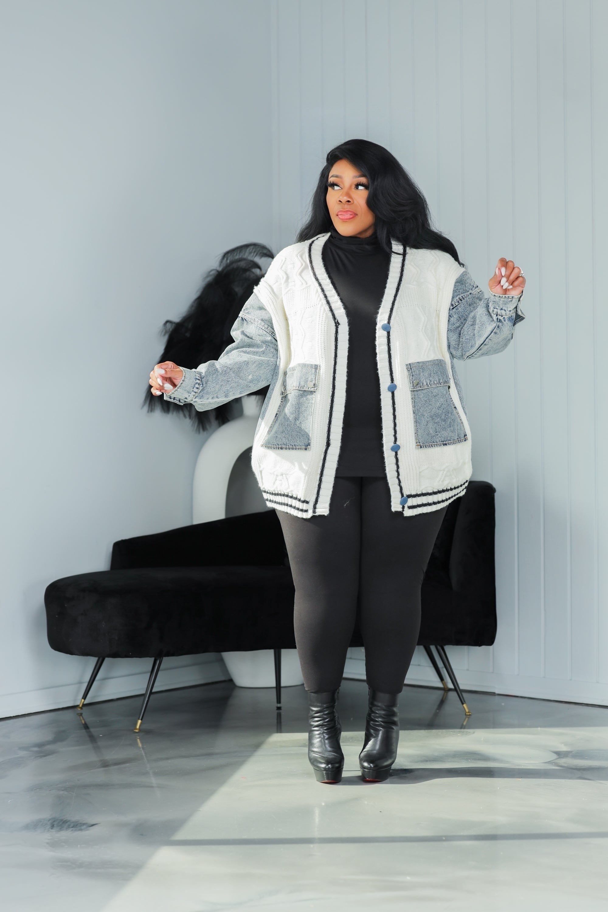 Ivory Denim Patch Sweater