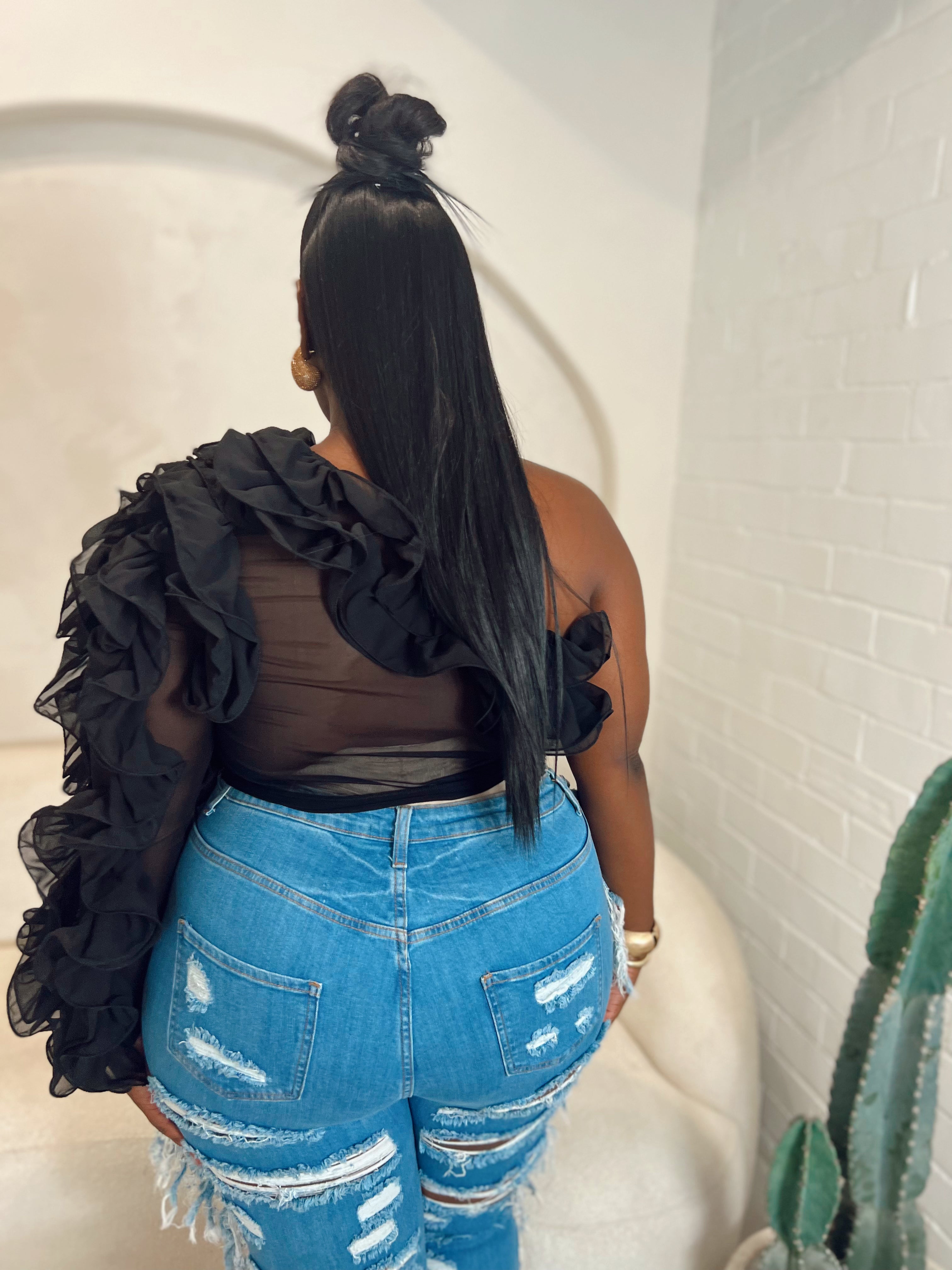 Full Bloom | Black Mesh Ruffle Top