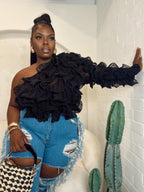 Full Bloom | Black Mesh Ruffle Top