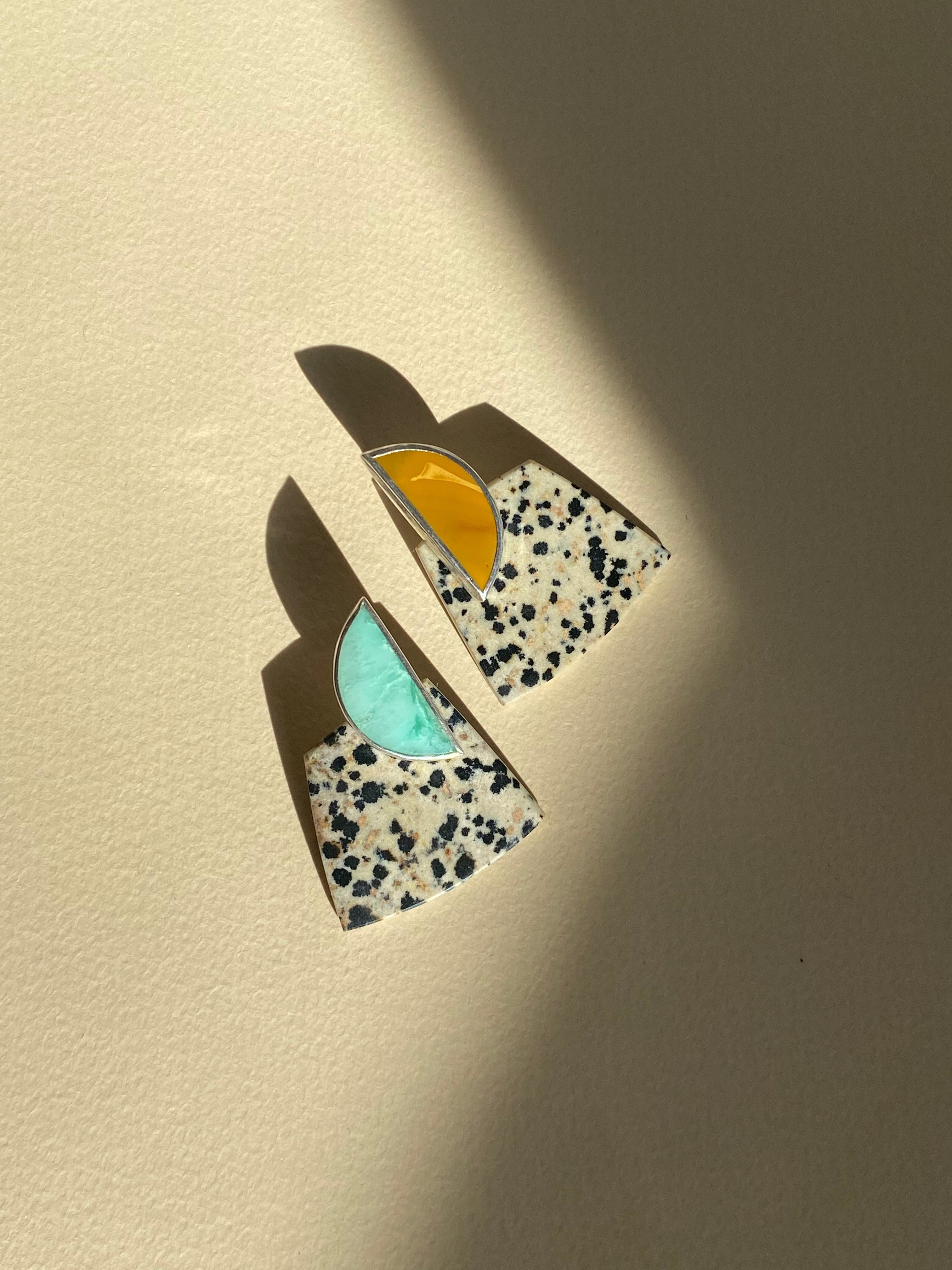 COLLAGE Earring / Asymmetrical Chrysoprase, Mookaite Jasper + Dalmatian Jasper
