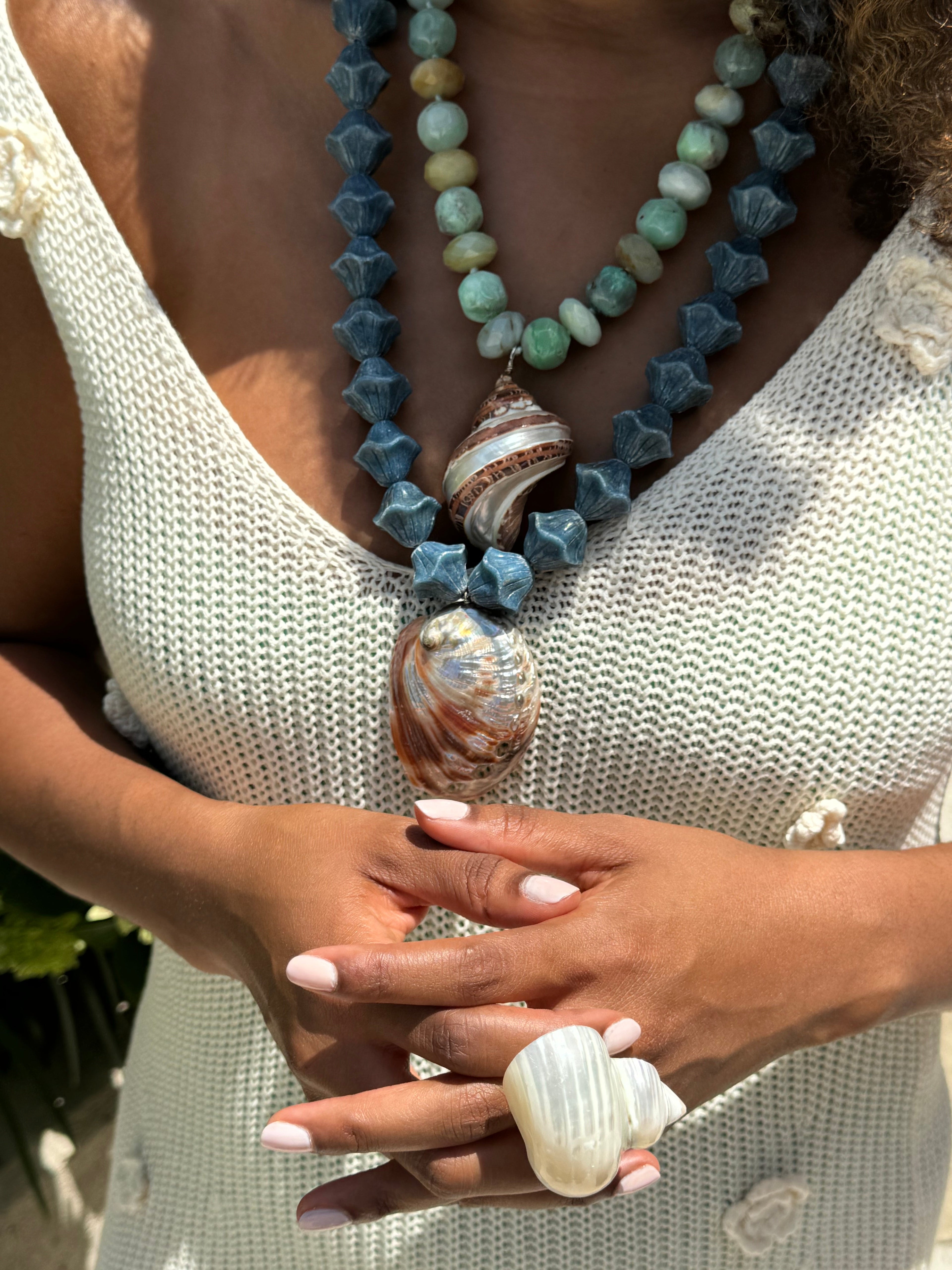 Summer Blues Necklace | Ritual Shell, Blue Opal & Trumpet Beads