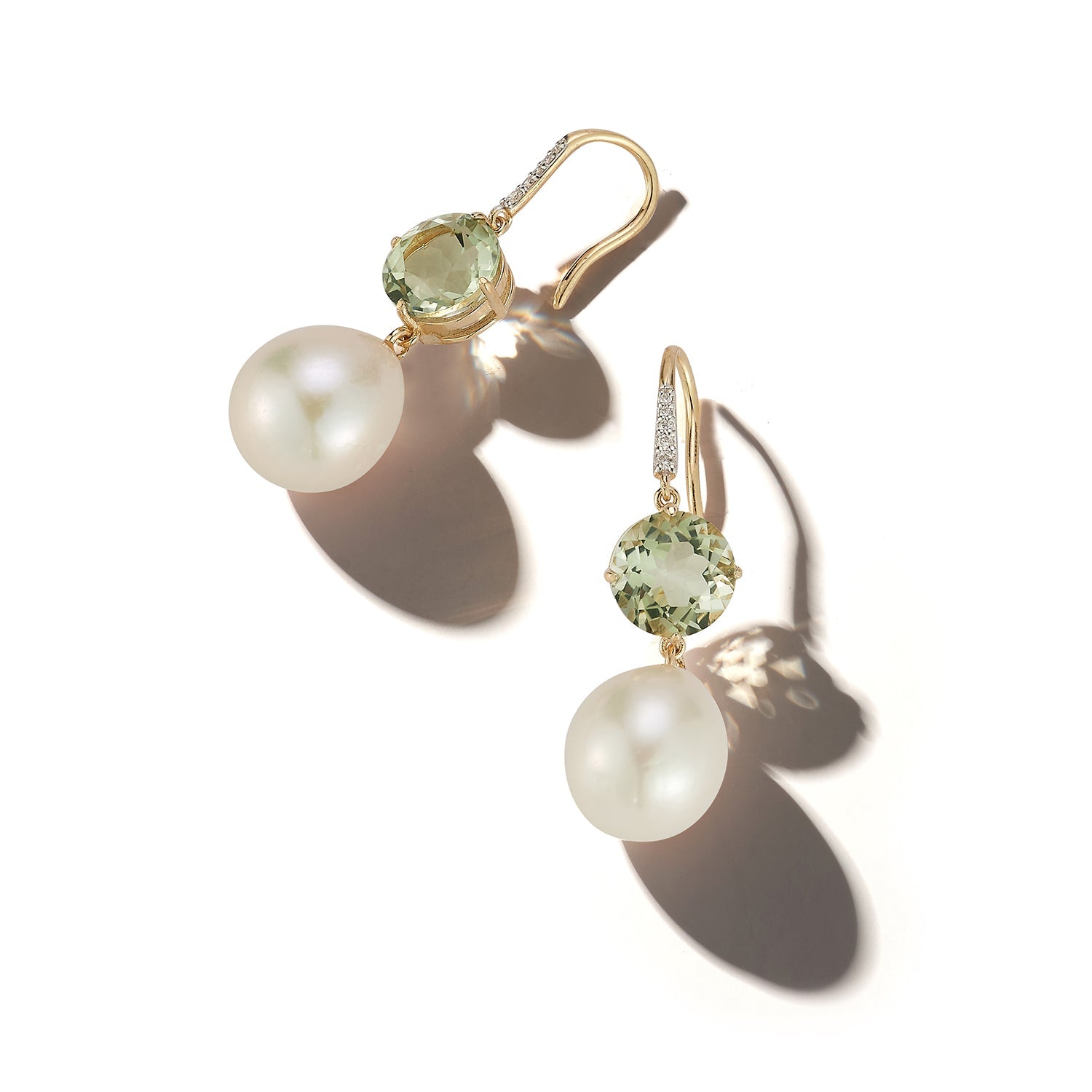 14kt Brilliant Green Amethyst and Baroque Pearl Drop Earrings