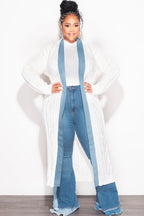 Final Sale Plus Size Cable Knit Long Sweater Cardigan in Ivory with Denim Trim