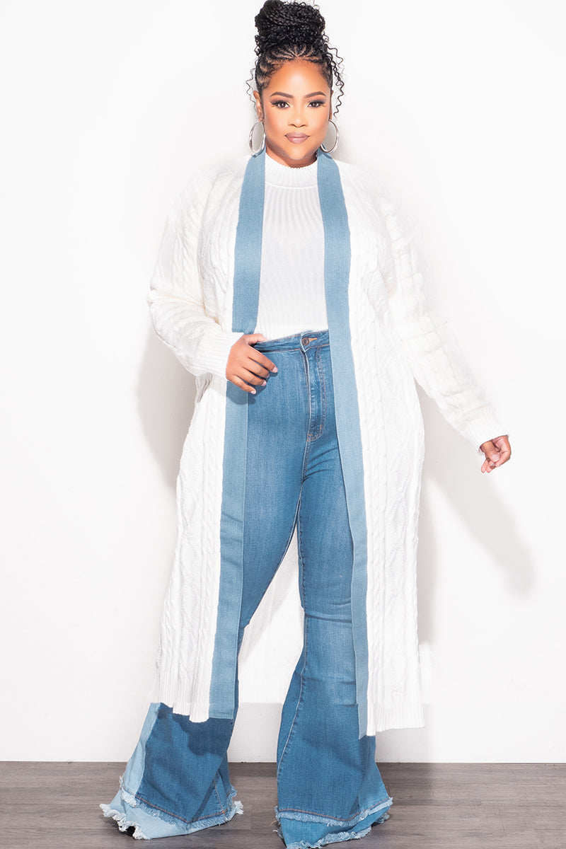 Final Sale Plus Size Cable Knit Long Sweater Cardigan in Ivory with Denim Trim