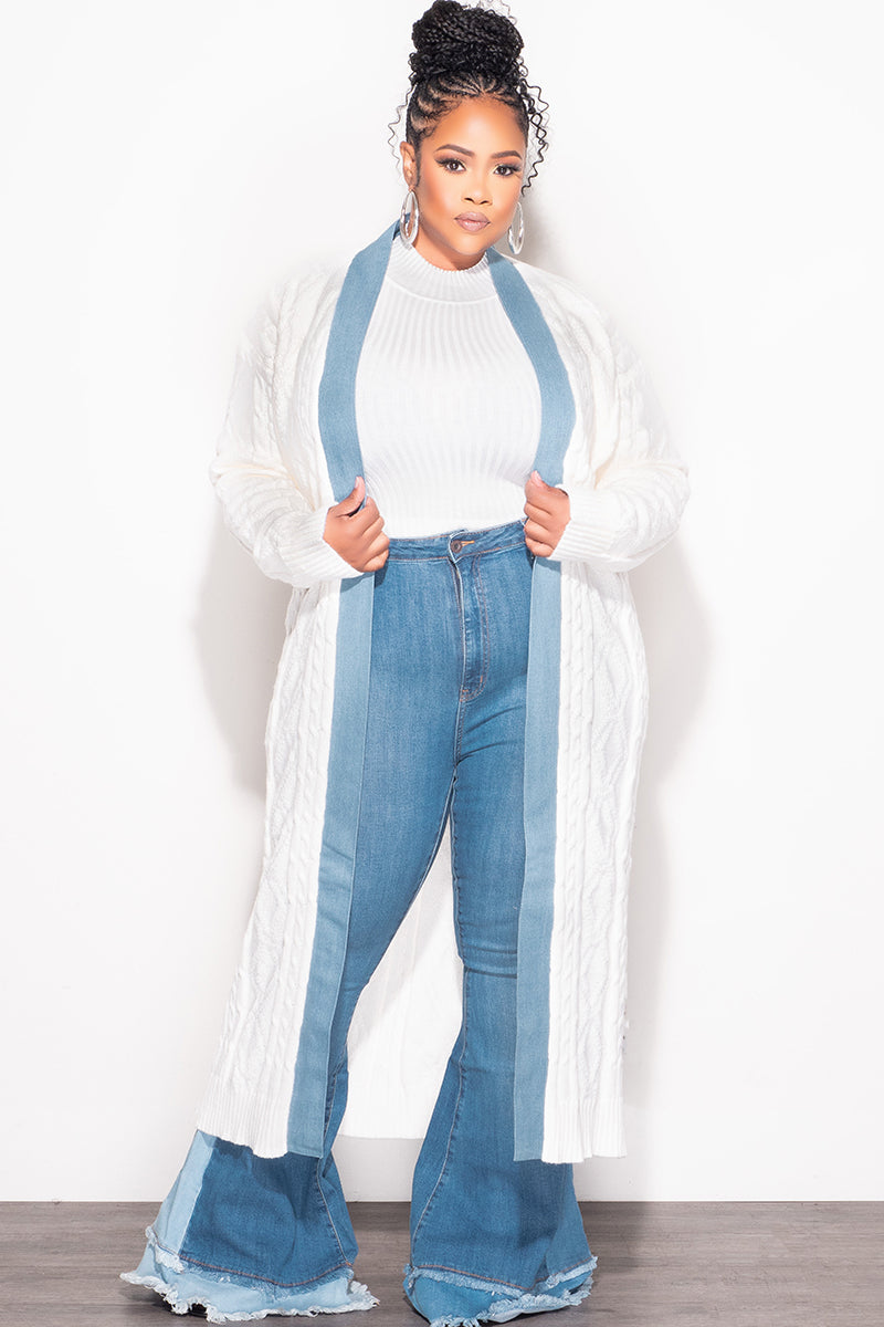 Final Sale Plus Size Cable Knit Long Sweater Cardigan in Ivory with Denim Trim
