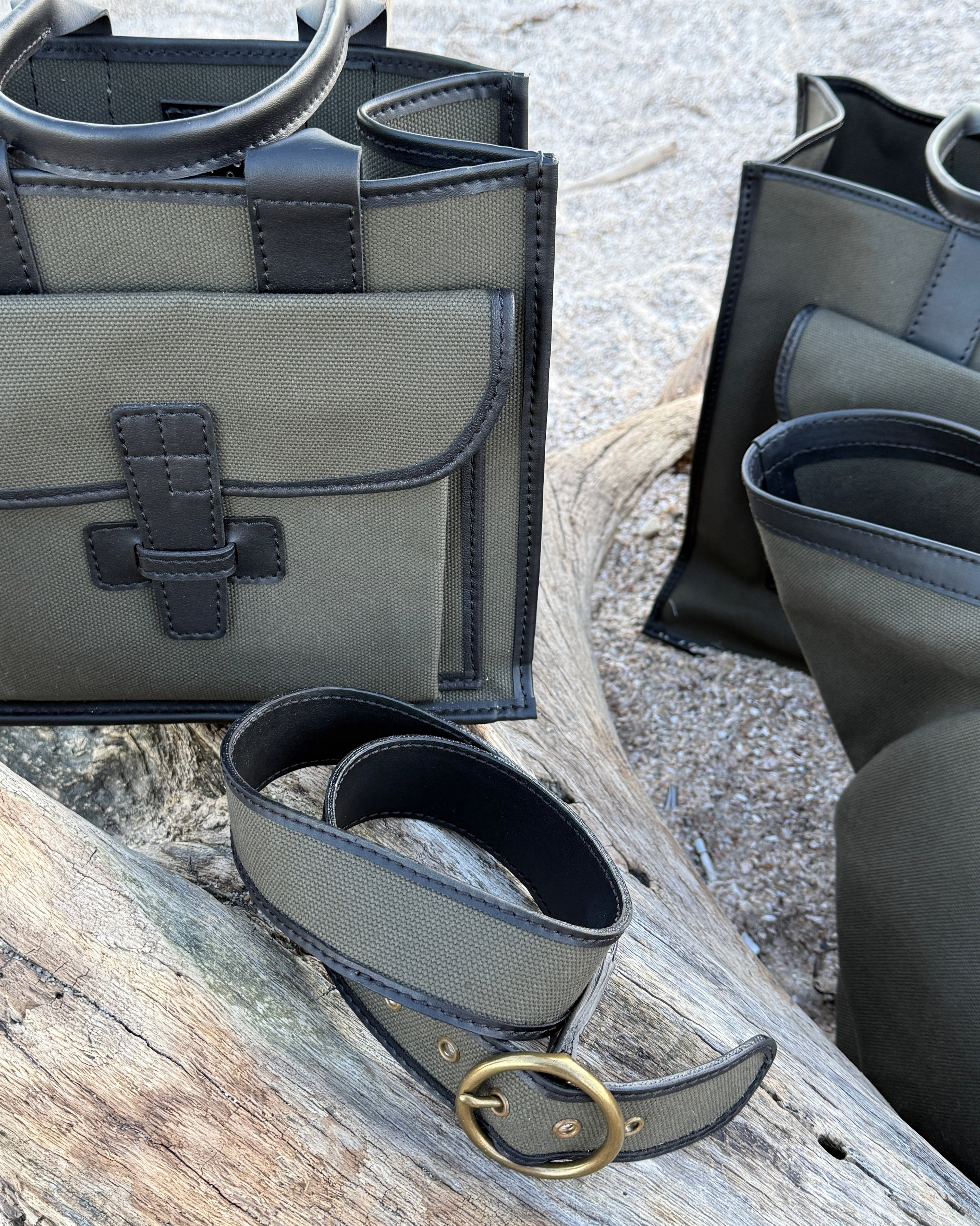 Circle Buckle Belt Canvas Vegan Leather