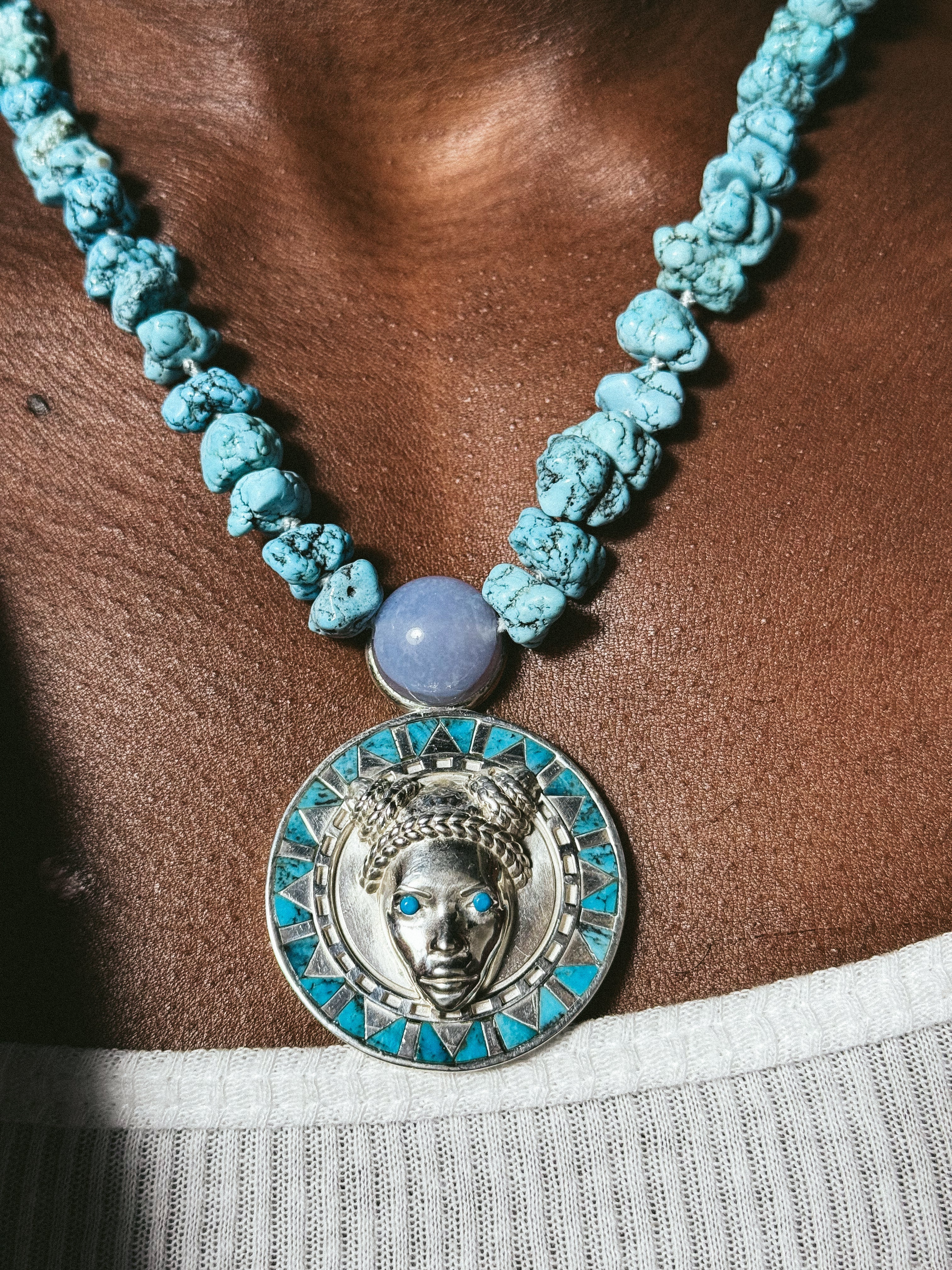 Reava Pendant | Goddess Mask, Chalcedony & Turquoise