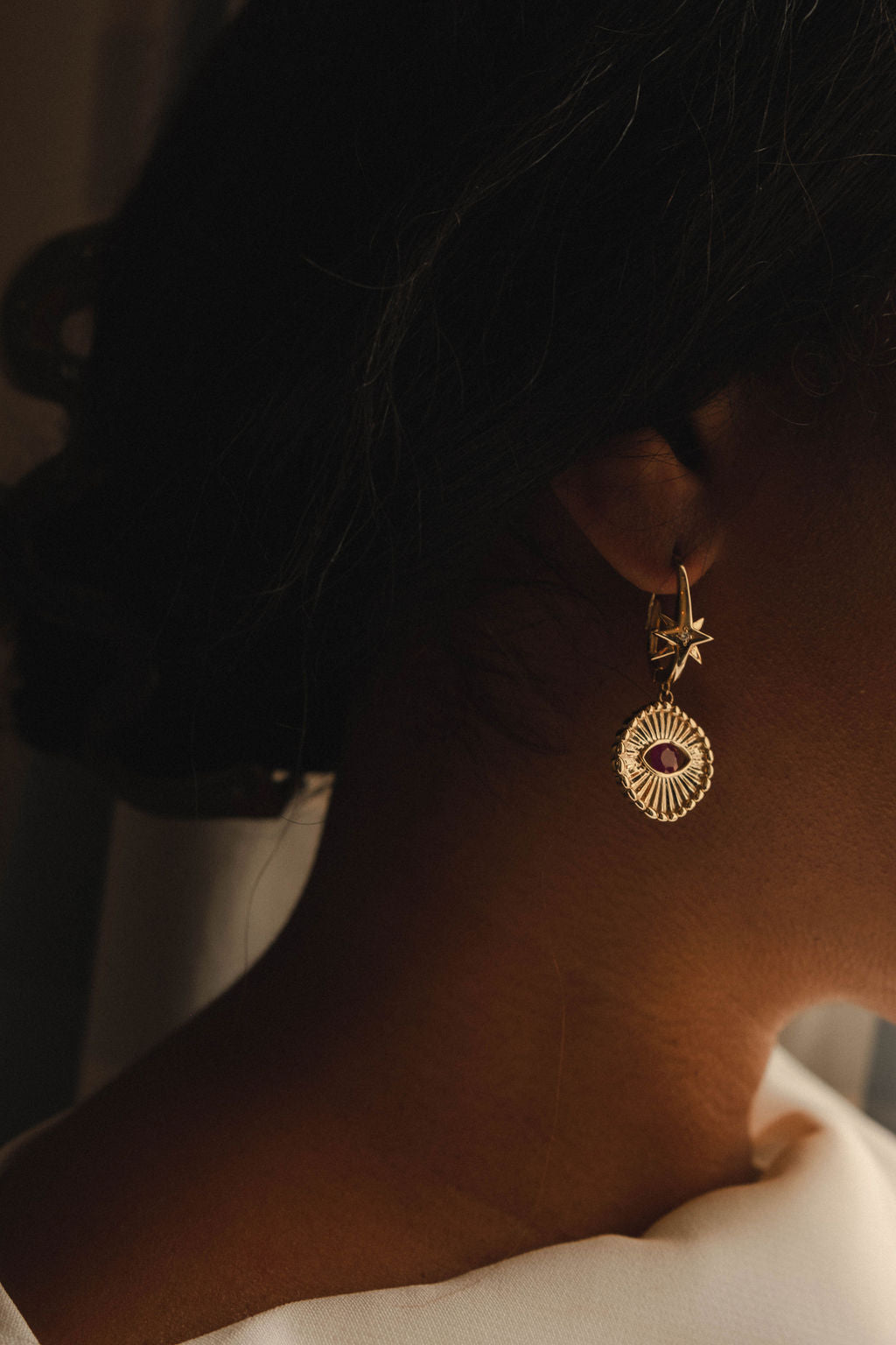 Stargazer Earrings | Eye of Fire, 14K Gold with Ruby