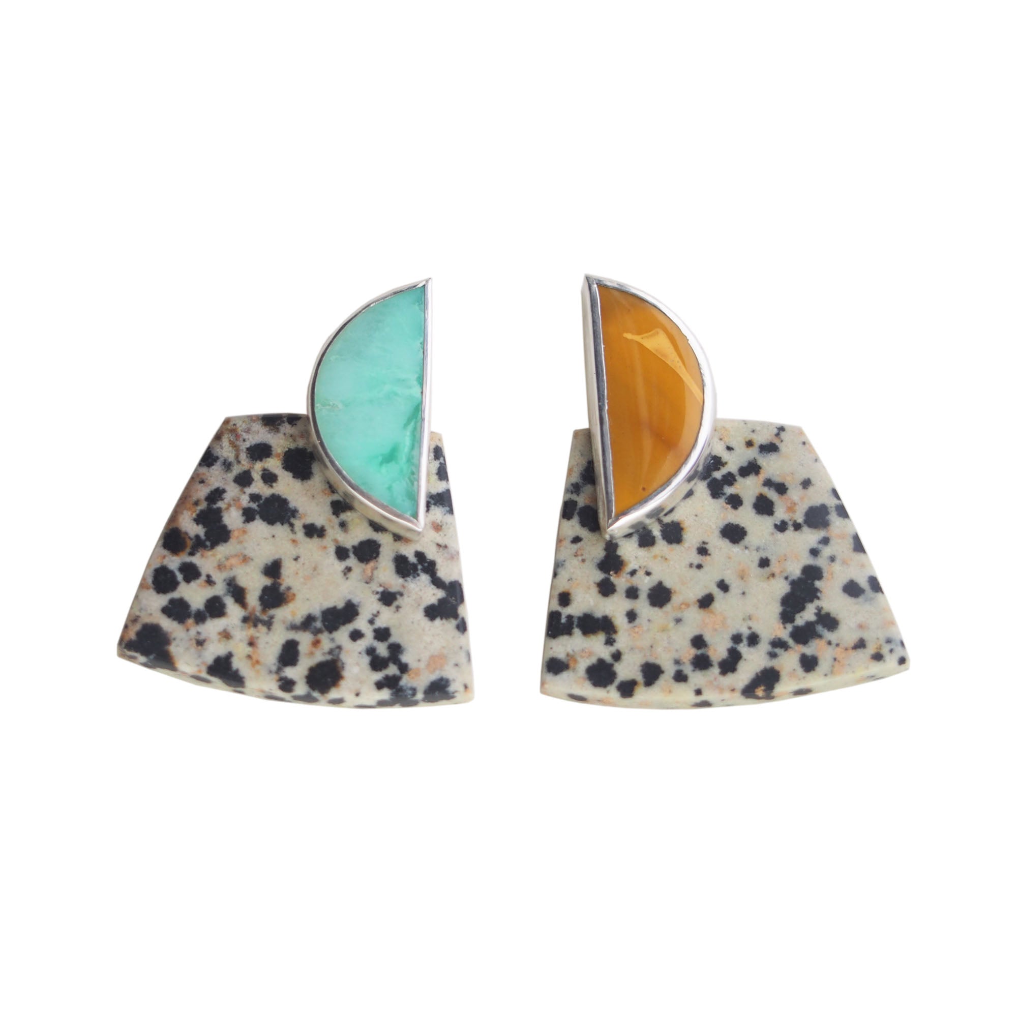 COLLAGE Earring / Asymmetrical Chrysoprase, Mookaite Jasper + Dalmatian Jasper