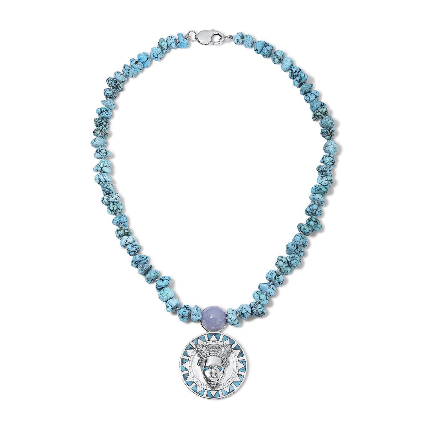 Reava Pendant | Goddess Mask, Chalcedony & Turquoise
